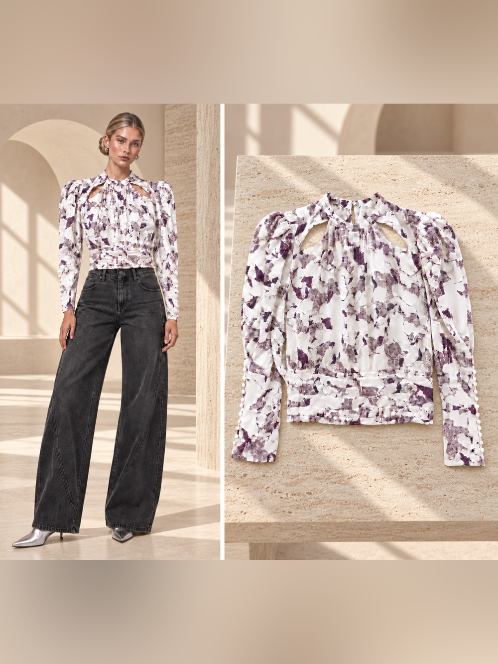 NWT IRO Paris Lorelli Silk Cutout Puff-Sleeve Blouse FR 34 US 2